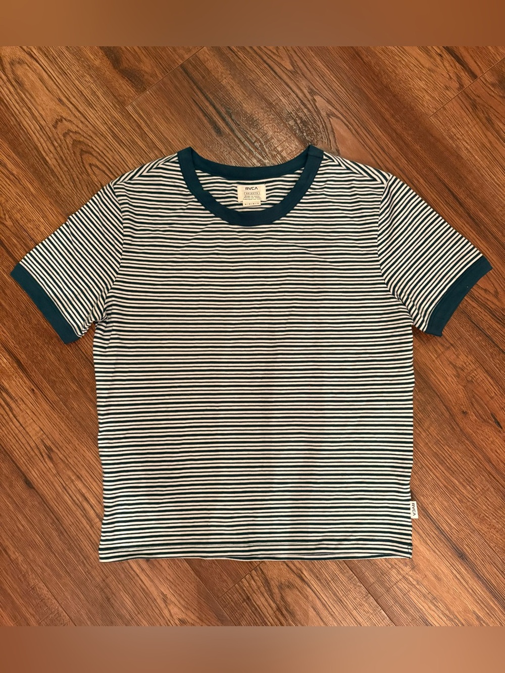RVCA Green and White Stripe Ringer Tee